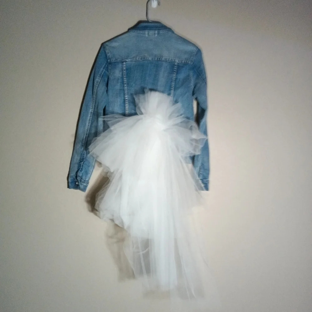 The Pretty Nomad Denim Jacket Tulle Train Pearl Buttons Small NWT